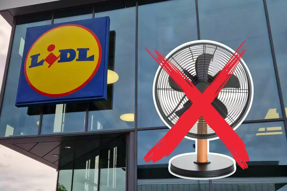 Logotipo de Lidl en la fachada de una tienda con una imagen de un ventilador tachado en rojo