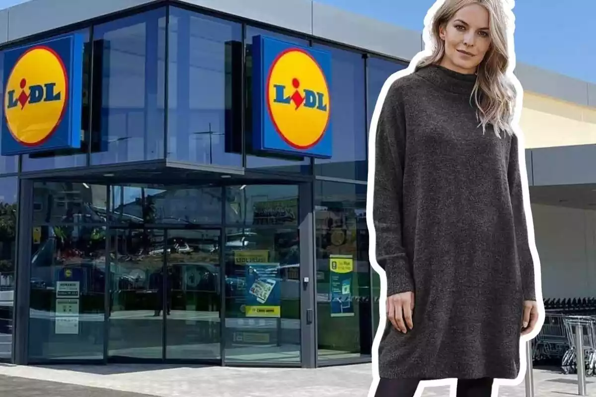 Chica llevando el vestido gris de punto de Lidl