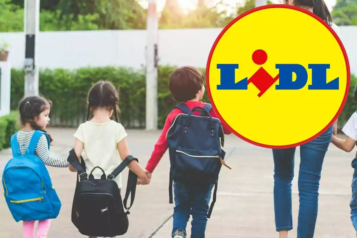 Niños con mochilas caminando de la mano, con el logo de Lidl superpuesto en la imagen.