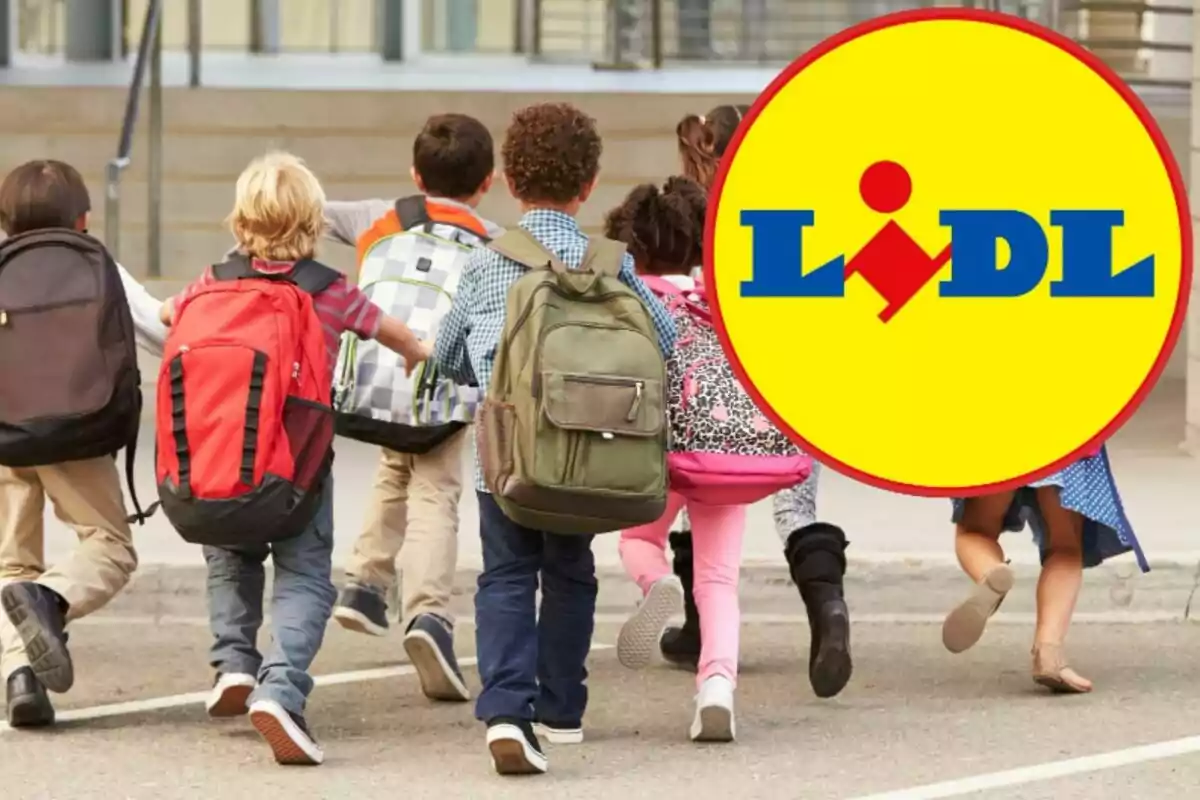 Niños con mochilas caminando hacia un edificio con el logotipo de Lidl superpuesto.