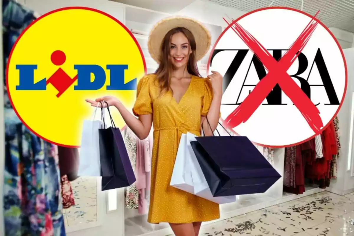 Mujer sonriente con vestido amarillo y sombrero sosteniendo bolsas de compras, con el logo de Lidl a la izquierda y el logo de Zara tachado a la derecha.