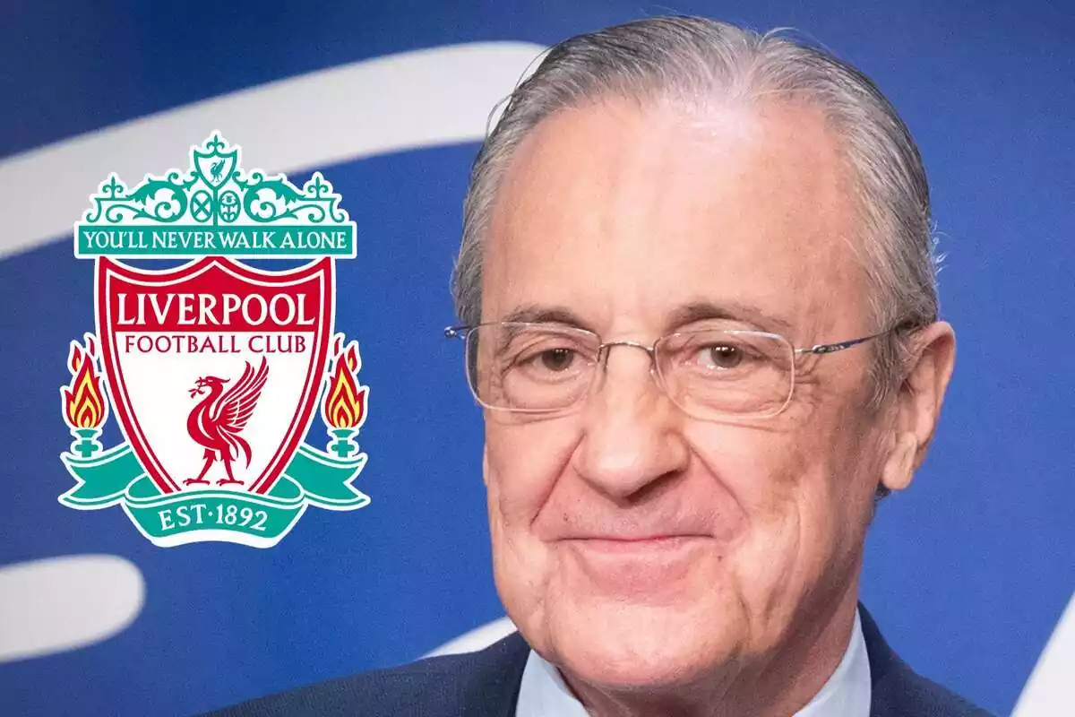 Montaje de Florentino Pérez sonriendo mirando el escudo del Liverpool