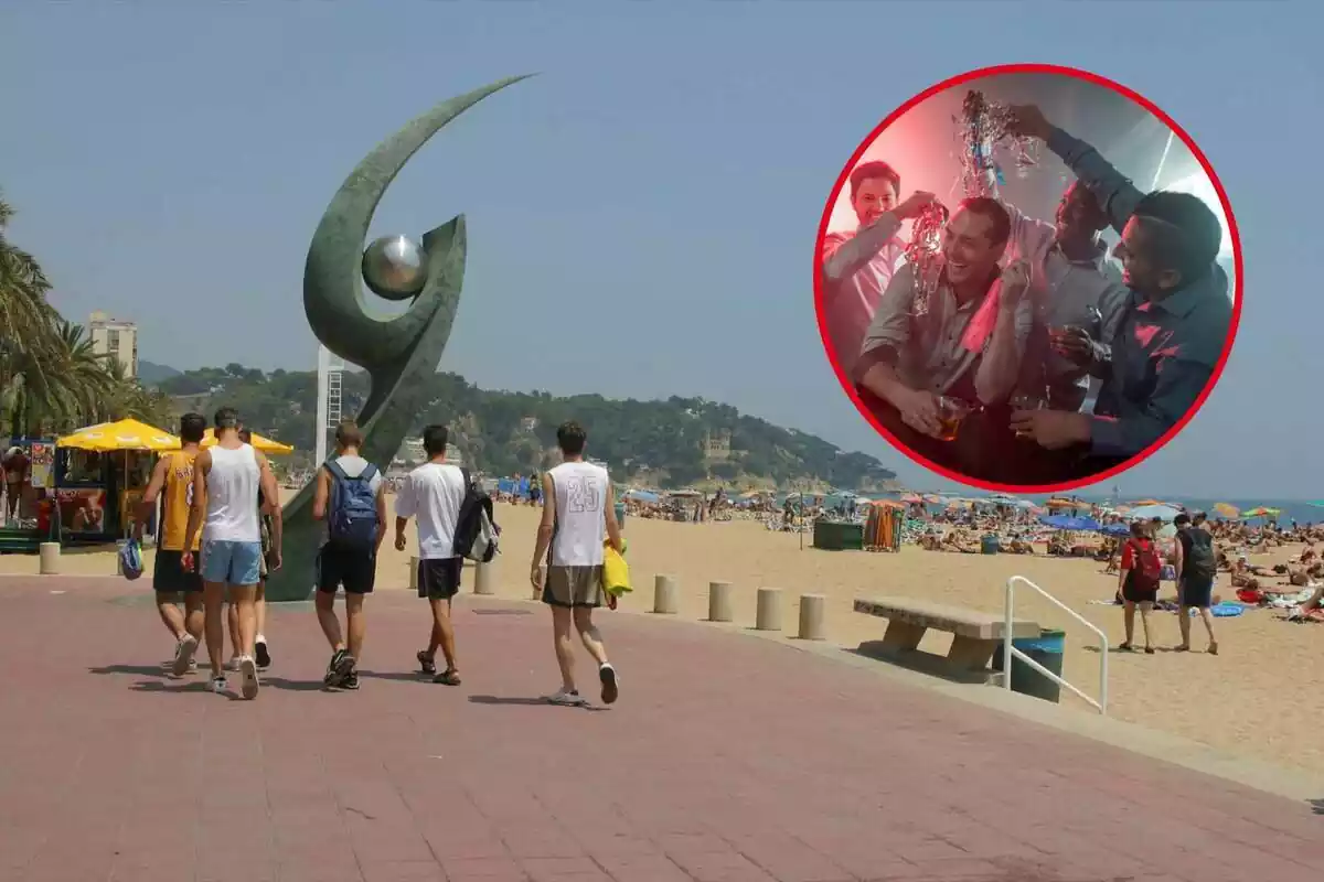 Montaje con unos jóvenes paseando por la playa de Lloret de Mar y un círculo con gente celebrando