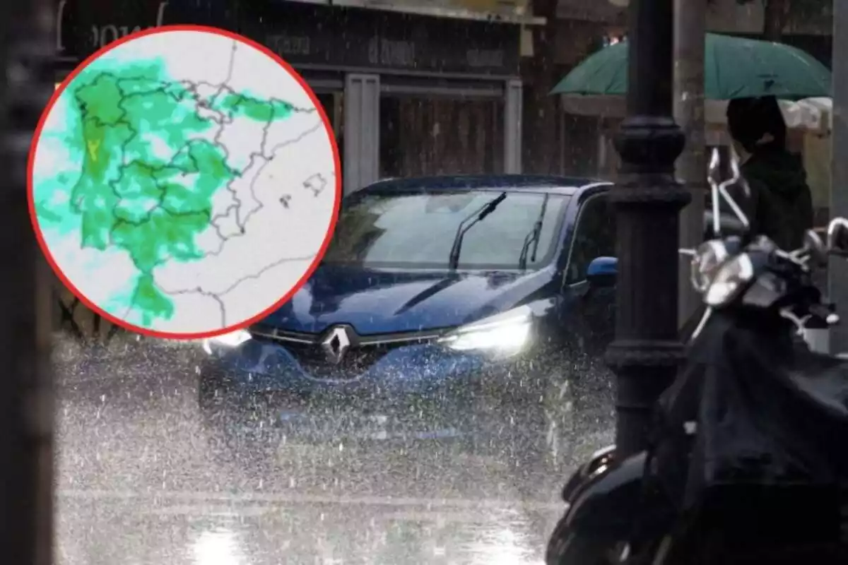 Imagen de fondo de un coche circulando bajo la lluvia y otra de un mapa de España, marcado en verde las zonas en las que lloverá