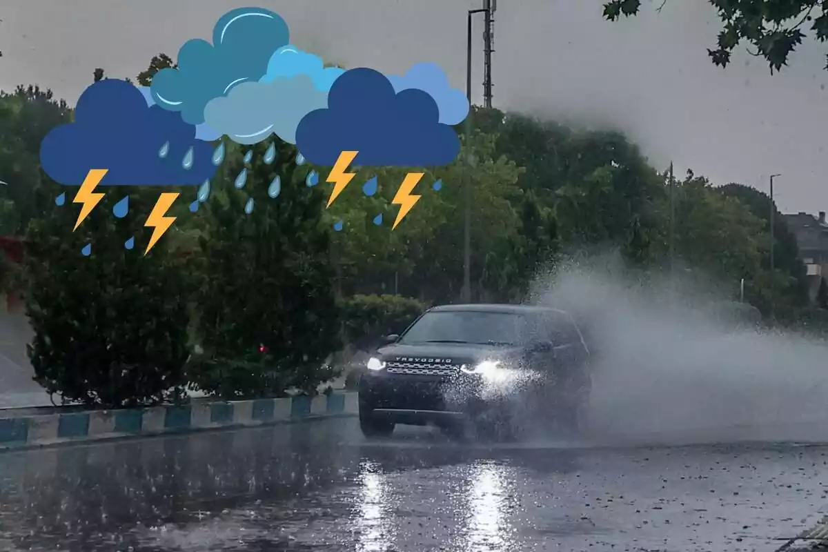 Imagen de fondo de un coche circulando por una carretera mojada, con lluvia, además de varios emoticonos de nubes con lluvia y tormenta
