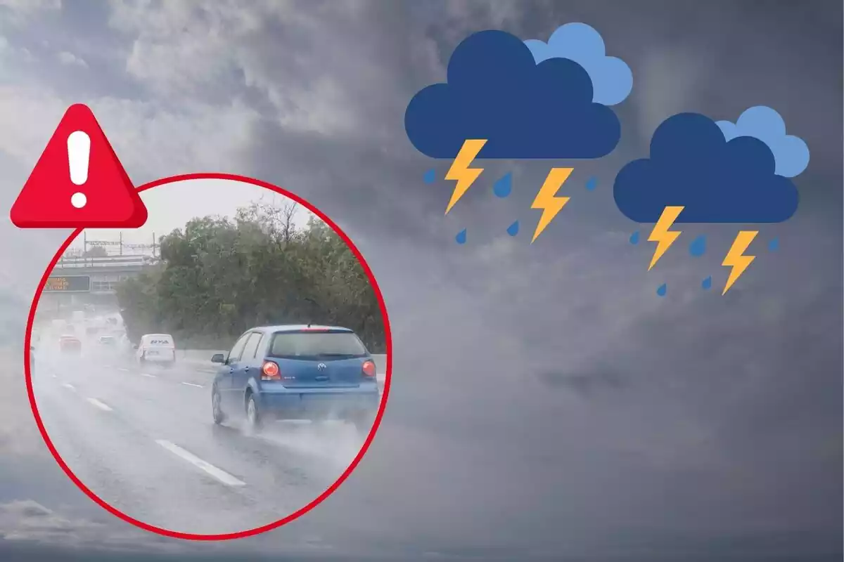 Imagen de fondo de un cielo negro con nubes, además de otra imagen de varios coches circulando por una carretera con lluvia, con un símbolo de alerta encima y unos emoticonos de tormenta a un lado