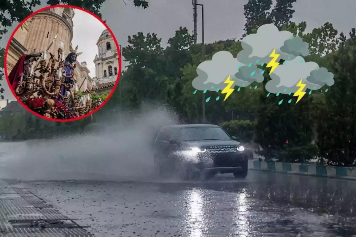 Imagen de fondo de un coche pasando por una carretera con agua acumulada junto a otra imagen de una procesión y unos emoticonos de tormentas
