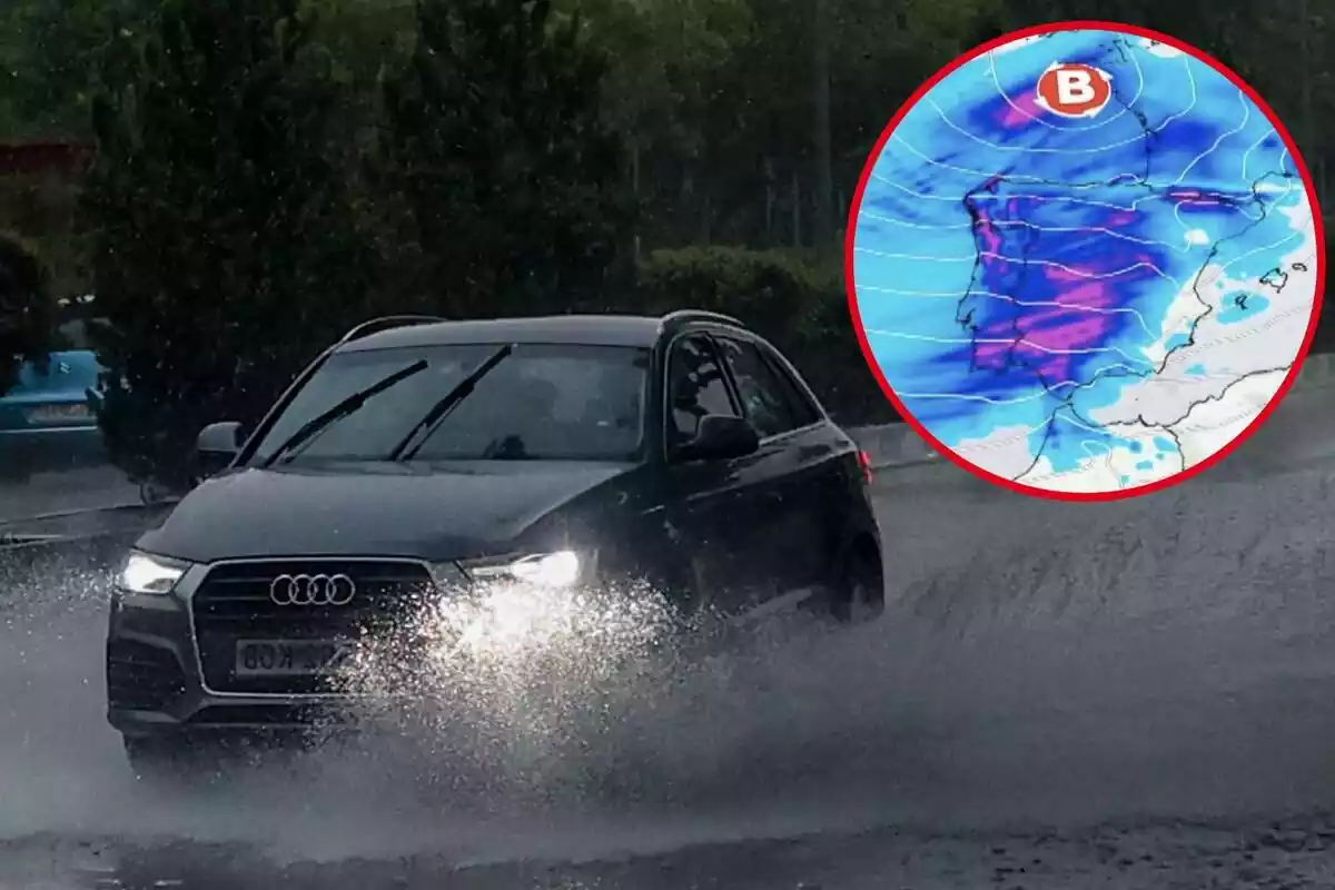 Imagen de fondo de un coche pasando por un charco de lluvia y otra imagen de un mapa con la previsión de acumulación de lluvia en España el domingo 11 de febrero