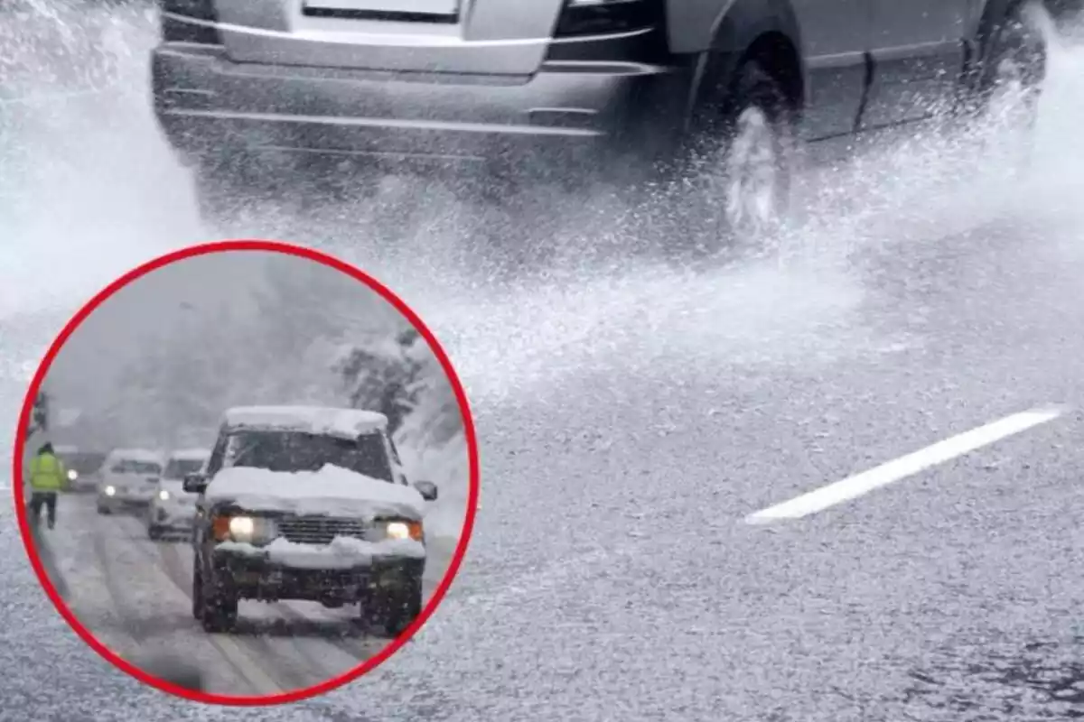 Imagen de fondo de un vehículo circulando por un charco de agua en una carretera y otra imagen de varios coches una una carretera nevada