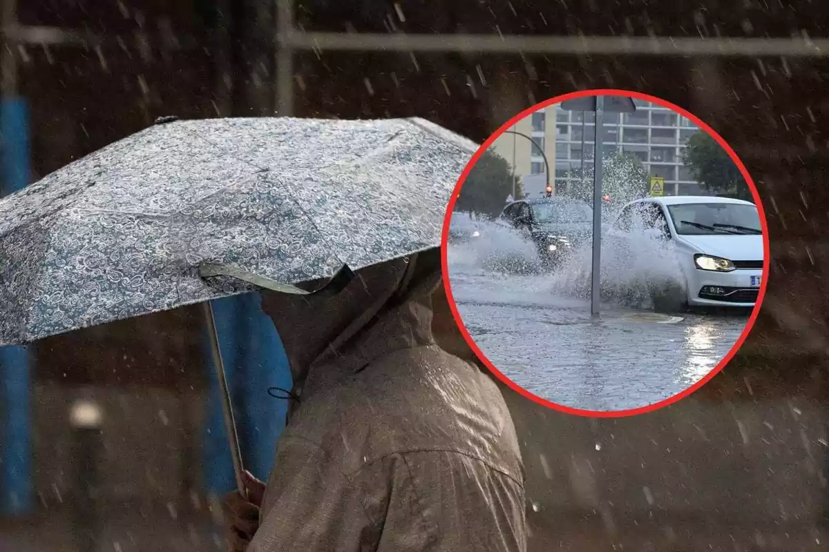 Montaje con una persona con paraguas en medio de la lluvia y coches atravesando un charco