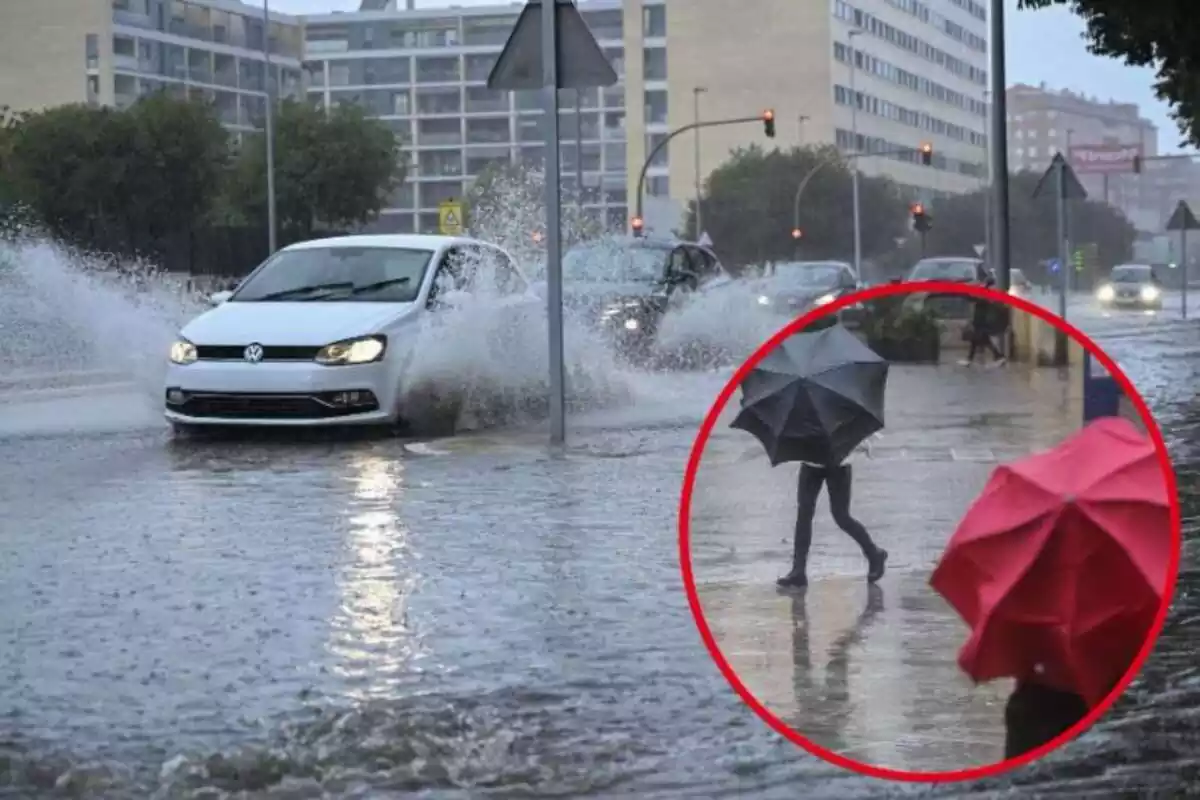 Imagen de fondo de varios coches circulando por carretera con agua y otra de dos personas bajo la lluvia con paraguas