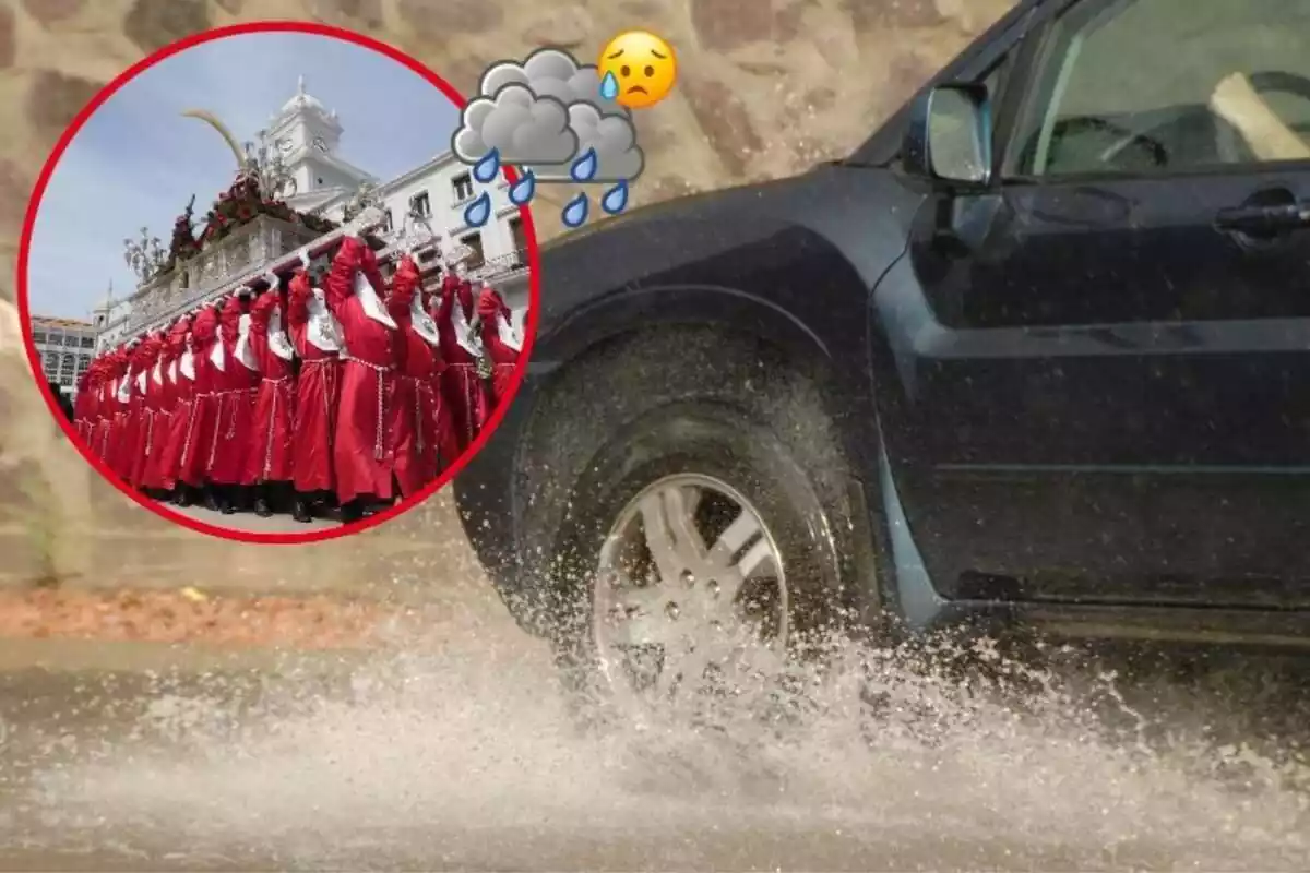 Imagen de fondo de un coche pasando por un charco de agua y otra imagen de una procesión en en Ferrol, A Coruña, llevando un santo, además de dos emoticonos, uno de lluvia y otro de una cara preocupada