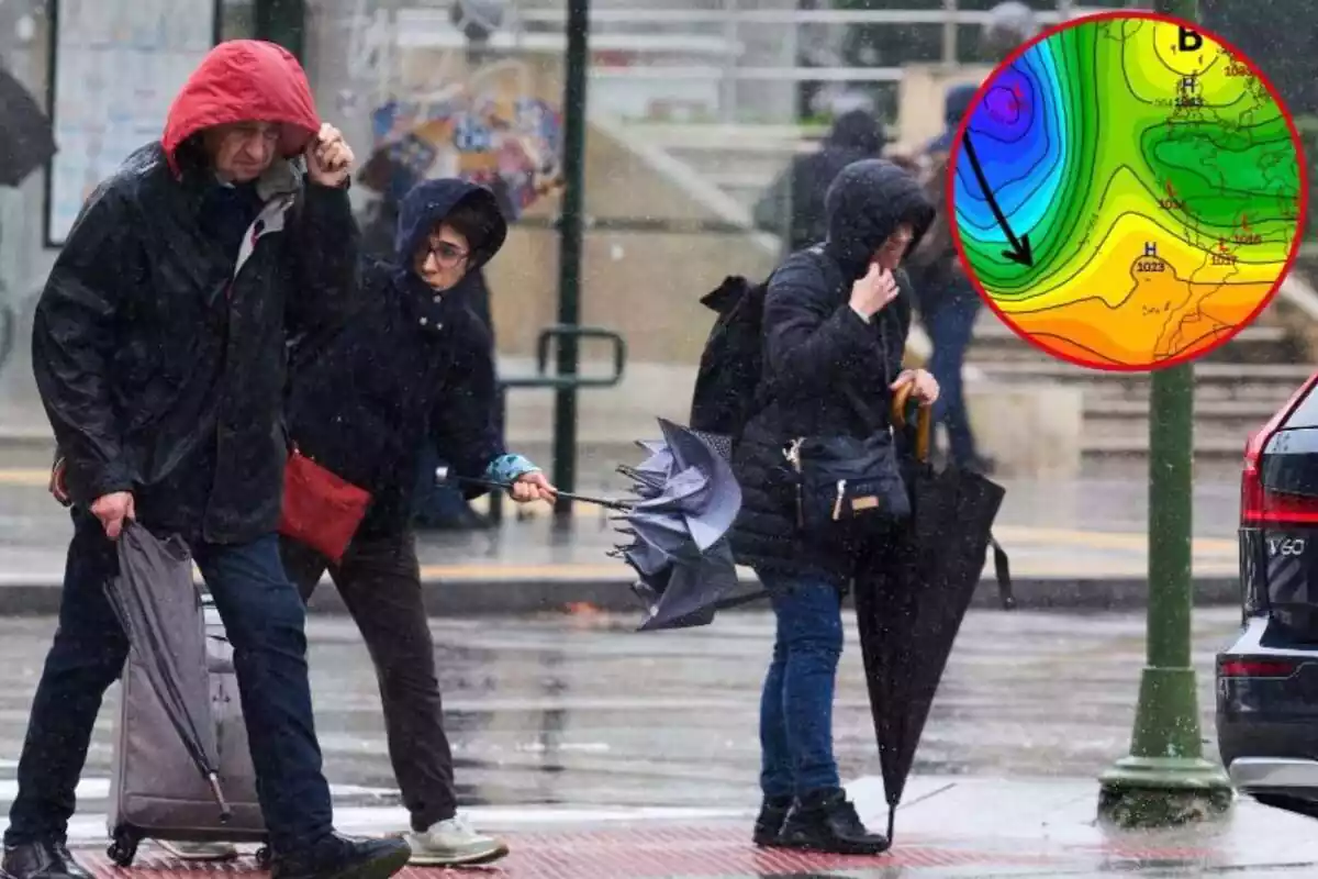 Imagen de fondo de tres personas caminando por la calle muy abrigados y con paraguas, tapándose de la lluvia y el viento y otra imagen de un mapa de parte de Europa con borrascas y presiones marcadas