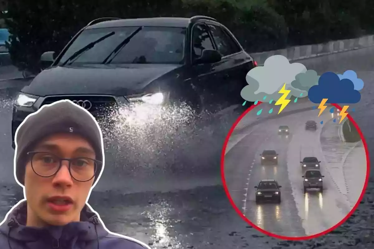 Imagen de fondo de varios coches circulando por carreteras mojadas y con lluvia, junto a una imagen de Jorge Rey con gorro y unos emoticonos de tormenta, con nubes, rayos y gotas de agua