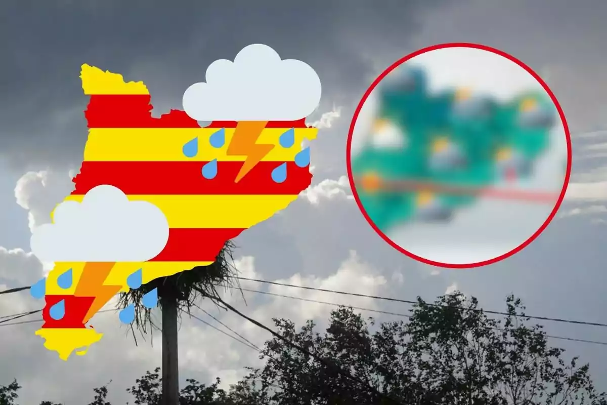 Mapa de una región con símbolos de nubes, lluvia y rayos sobre un fondo de cielo nublado y árboles.