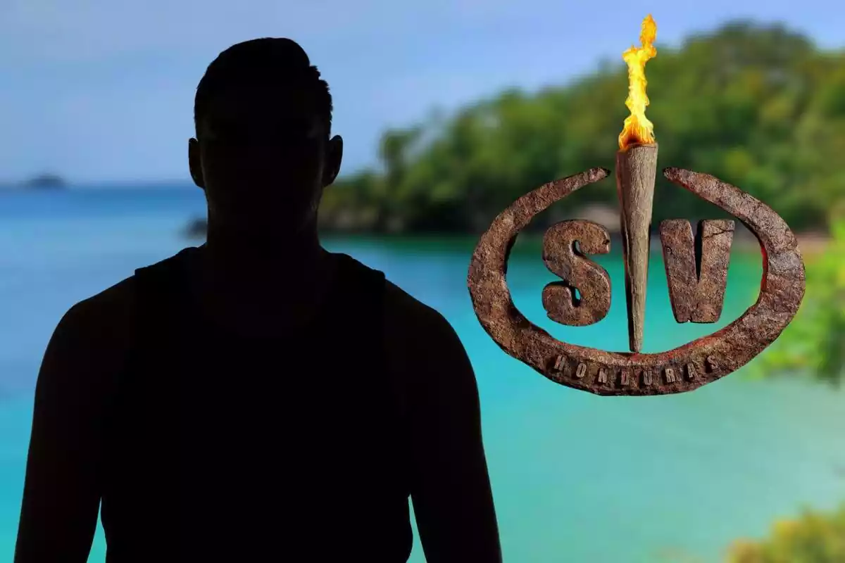 Montaje del logo de Supervivientes con una isla de fondo y la silueta de un hombre