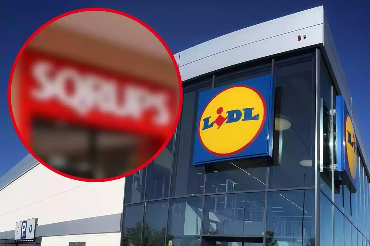 Montaje con el logo de Lidl en el exterior de una de sus tiendas y un círculo con el letrero en el exterior de una tienda de Sqrups