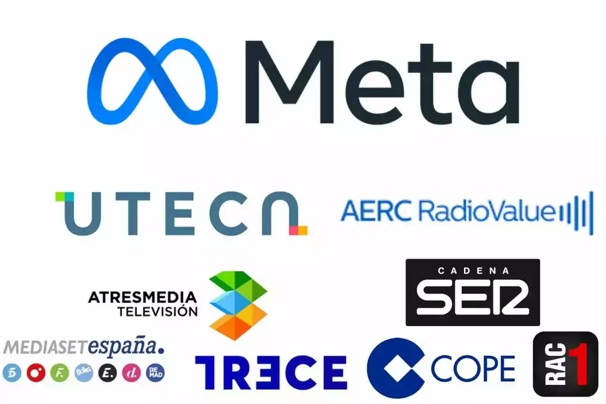 Logotipos de varias empresas de medios y tecnología, incluyendo Meta, UTECA, AERC RadioValue, Atresmedia Televisión, Mediaset España, Trece, Cadena SER, COPE y RAC1.