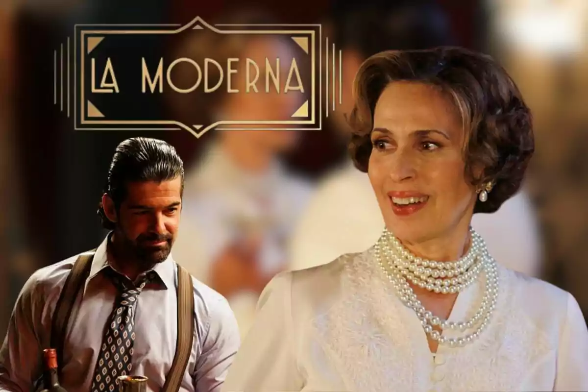 Lola Marceli y Miguel Ángel Muñoz vestido elegantemente aparecen en una imagen promocional de "La Moderna".