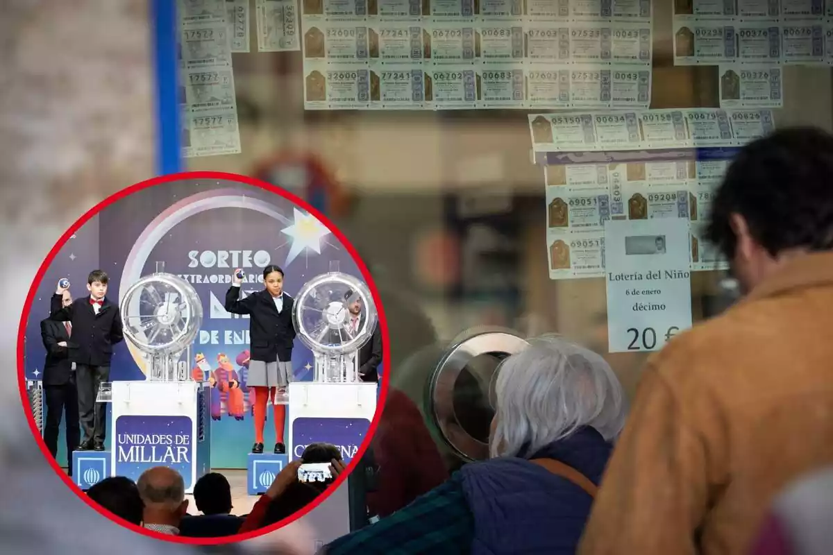 Imagen de fondo de dos personas haciendo cola en una Administración de Lotería y otra del Sorteo de la Lotería del Niño del 2023