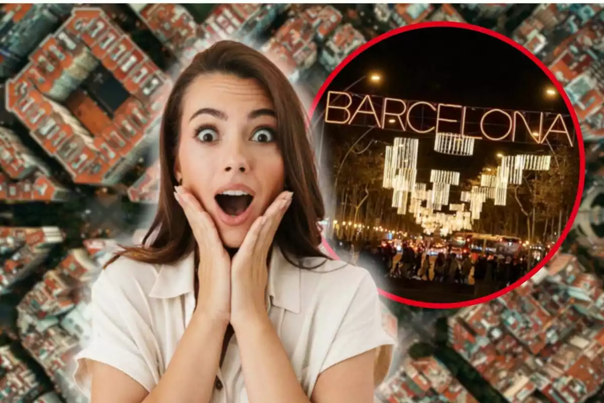 Una mujer con expresión de sorpresa sobre un fondo de edificios y un círculo que muestra luces nocturnas con la palabra "Barcelona".