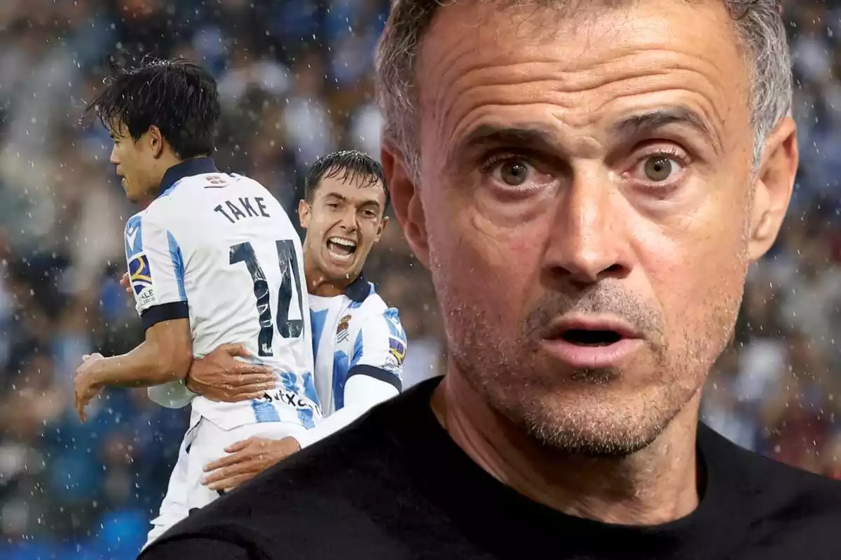 Luis Enrique con cara de sorpresa en primer plano con Take Kubo y Martín Zubimendi al fondo celebrando