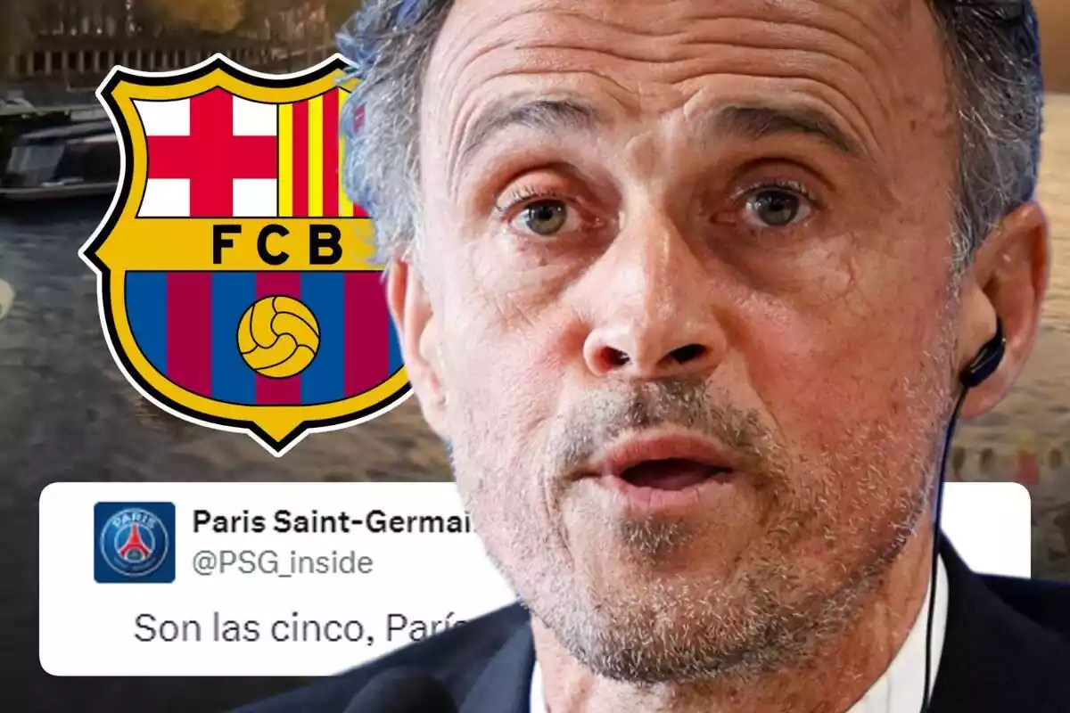 Luis Enrique en primer plano junto al mensaje del PSG y el escudo del FC Barcelona
