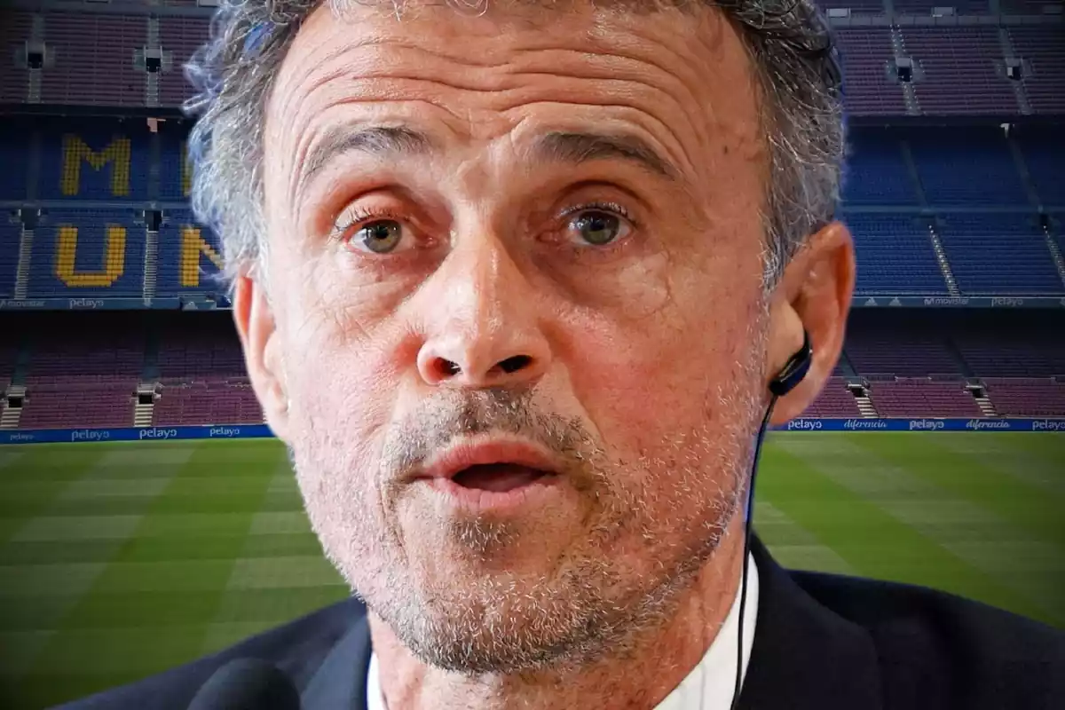 Luis Enrique mirando al frente sobre una imagen del Camp Nou