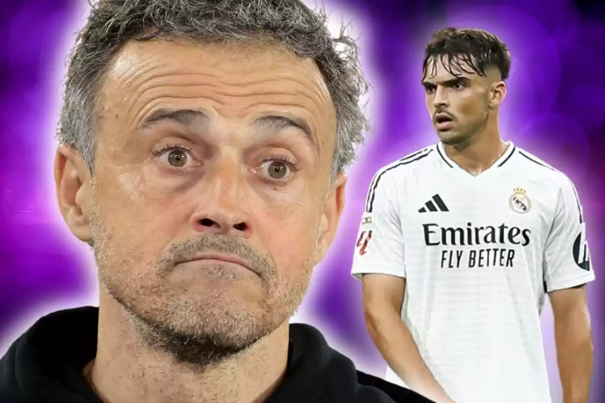 Un hombre de cabello canoso con expresión seria en primer plano y un futbolista con uniforme blanco del Real Madrid al fondo sobre un fondo morado difuminado