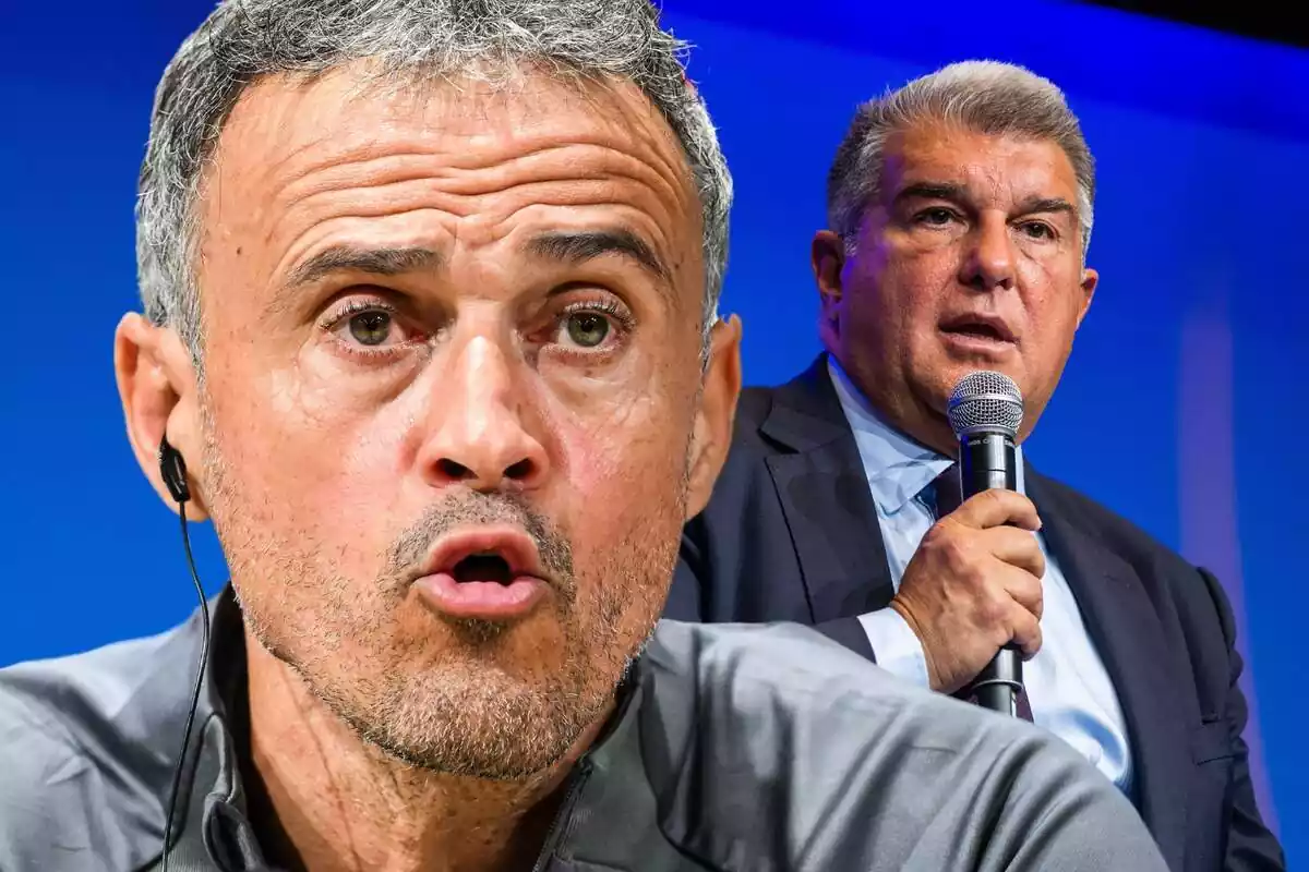 Luis Enrique con la boca abierta y Joan Laporta sujetando un micrófono