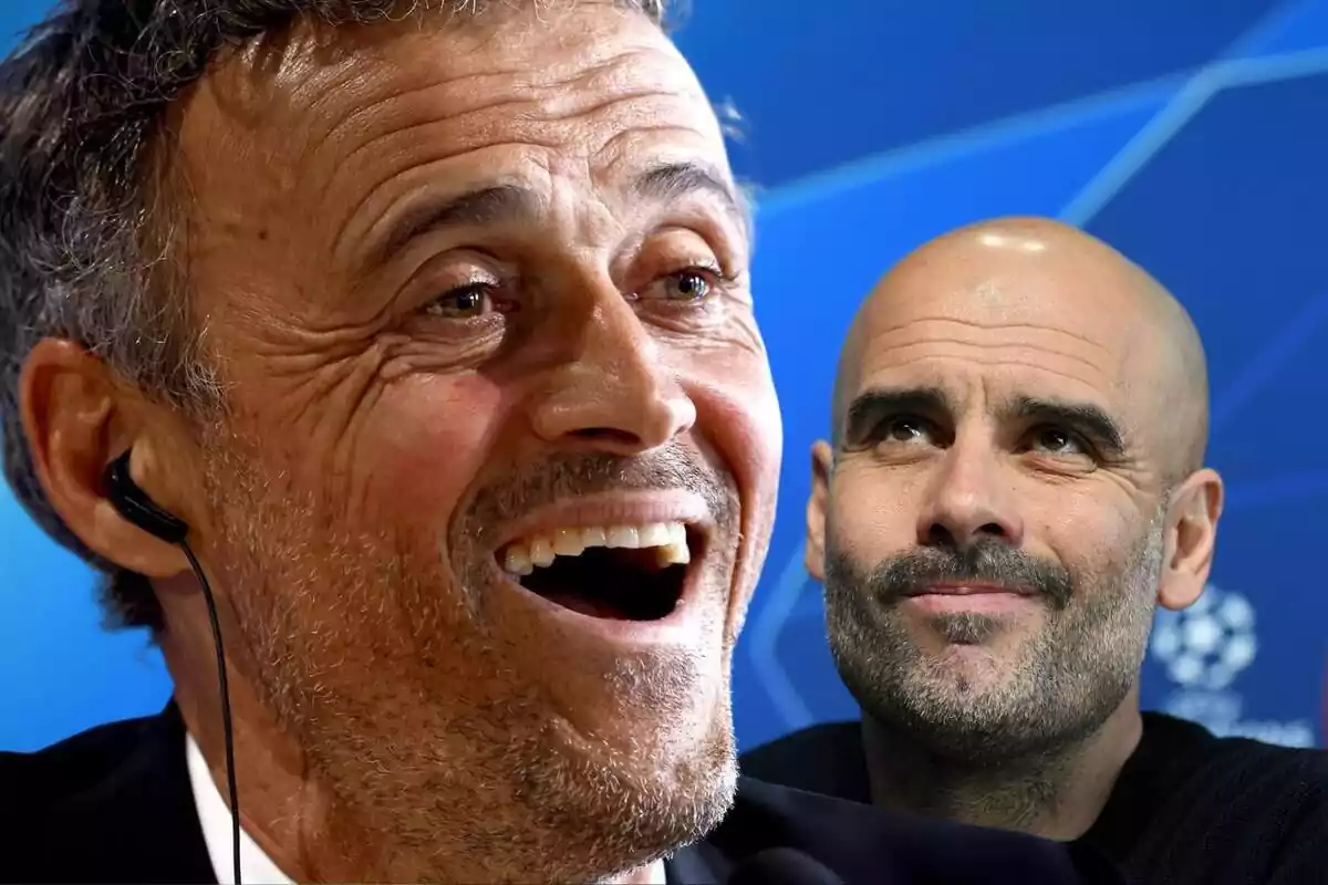 Luis Enrique con la boca abierta al lado de Pep Guardiola, molesto