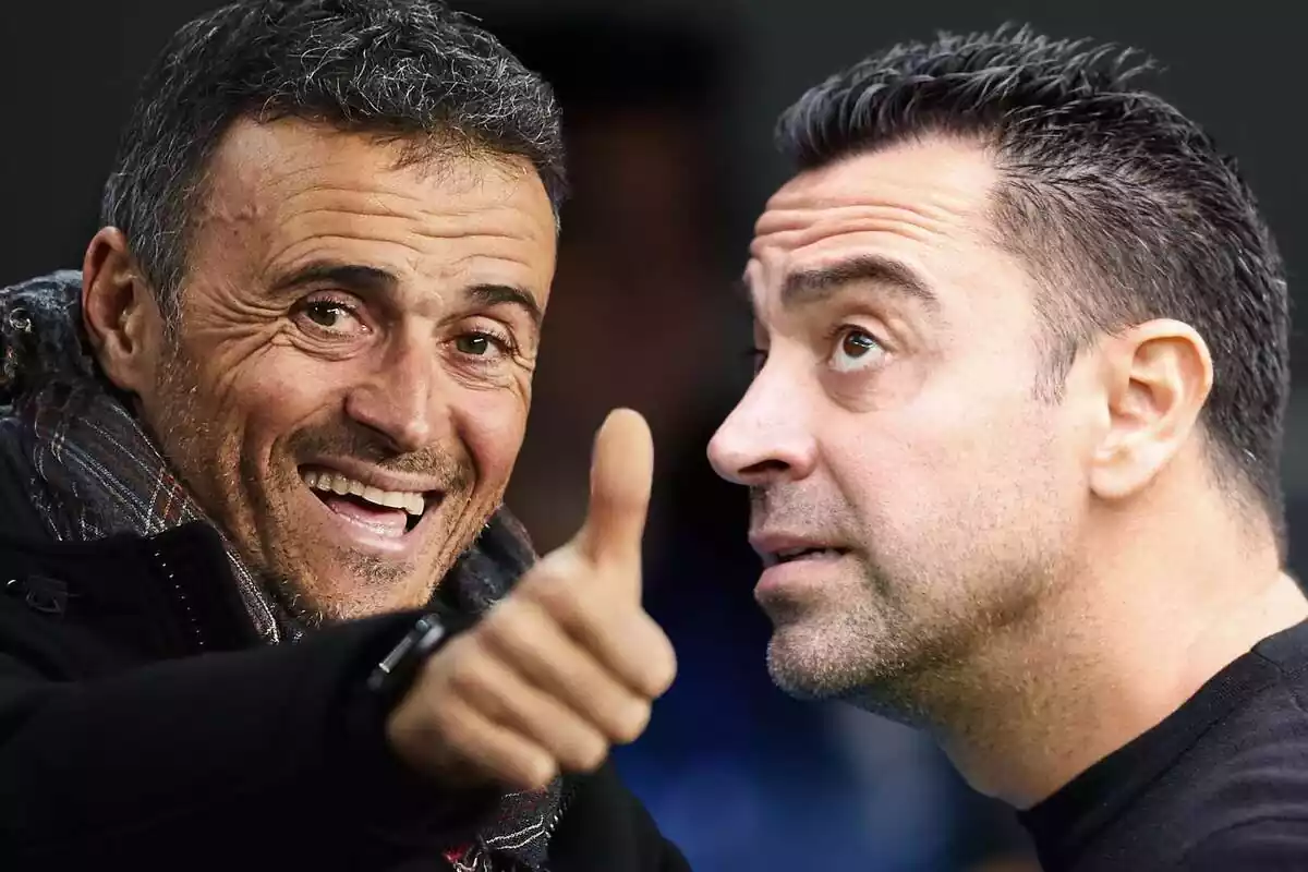 Montaje de Luis Enrique y Xavi Hernández mirándole