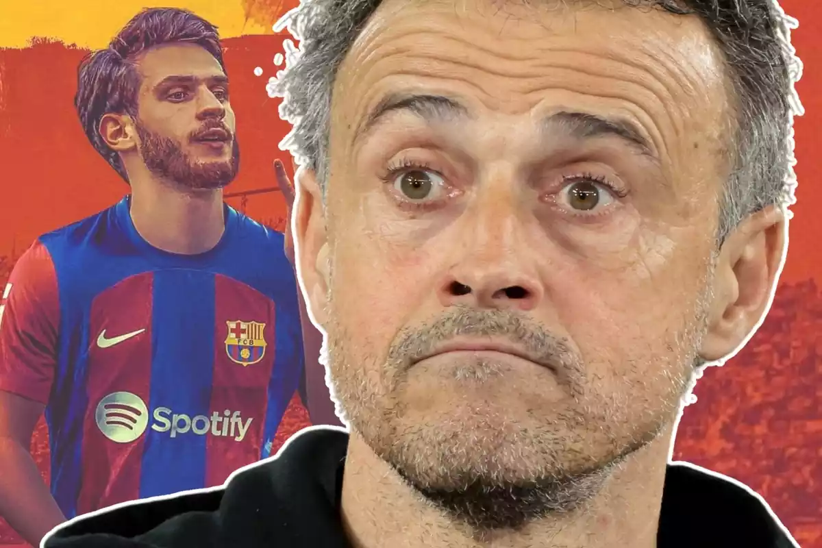 Luis Enrique mirando al frente con cara de sorpresa al lado de una imagen de Khvicha Kvaratskhelia