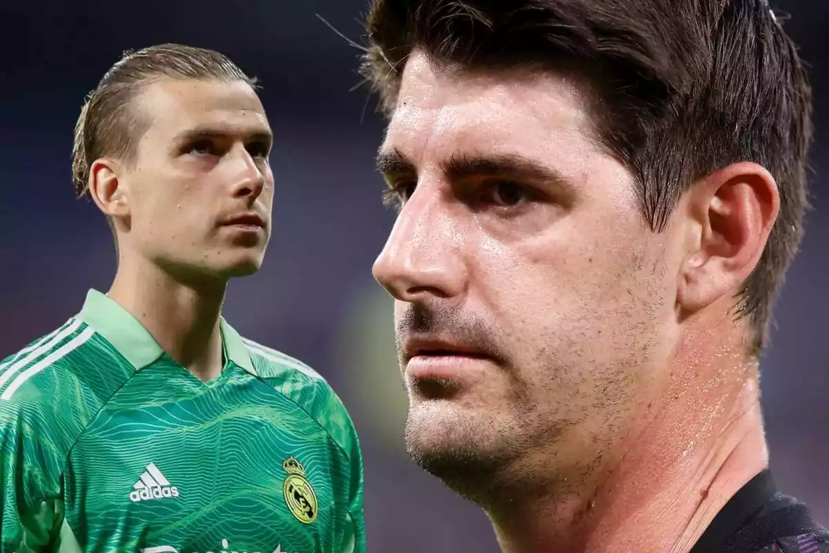 Thibaut Courtois en primer plano con la mirada perdida al lado de Andriy Lunin con la camiseta del Real Madrid mirando hacia arriba