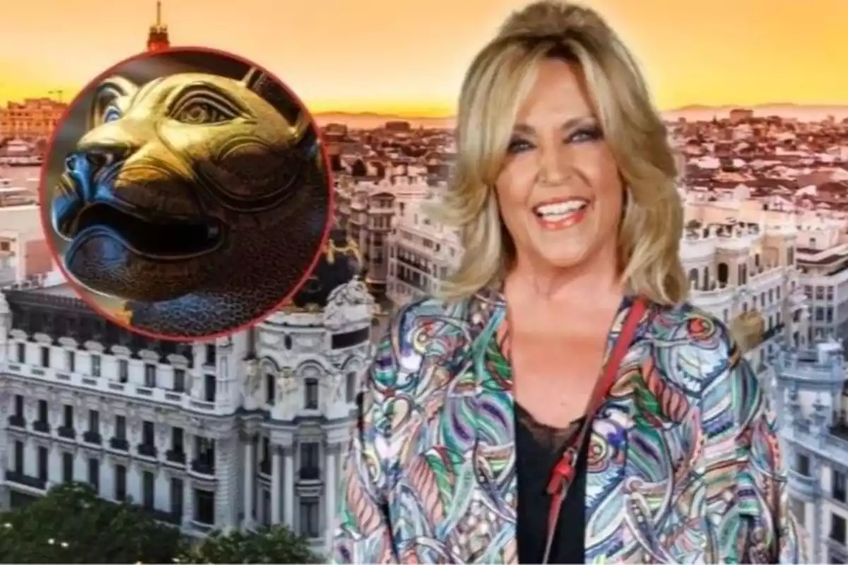 Lydia Lozano sobre un fondo de Madrid y a su izquierda una redonda con una figura de un puma dorado