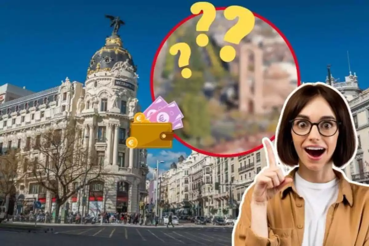 Imagen de fondo de la ciudad de Madrid, junto a una imagen de una mujer con gesto de sorpresa, otra imagen desenfocada de Pozuelo de Alarcón y emoticonos de dinero y de interrogantes