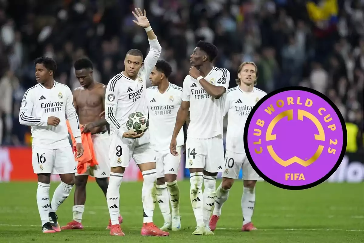 Jugadores del Real Madrid celebran en el campo con un balón de la Champions y un logo del Club World Cup 2025 de la FIFA aparece en la imagen Jugadores del Real Madrid celebran en el campo con un balón de la Champions y un logo del Club World Cup 2025 de la FIFA aparece en la imagen