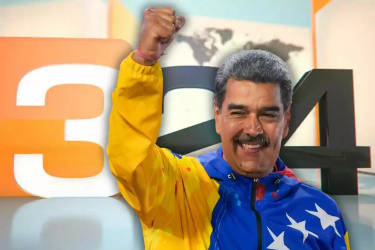 Hombre con chaqueta de Venezuela levantando el puño frente a un fondo con los números 3 y 4.