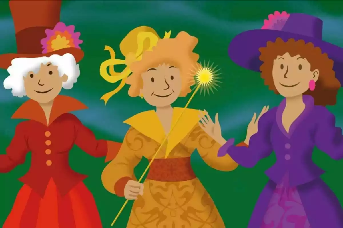 Ilustración de tres mujeres sonrientes con sombreros coloridos y vestidos elegantes, una de ellas sostiene una varita mágica que emite un destello brillante.