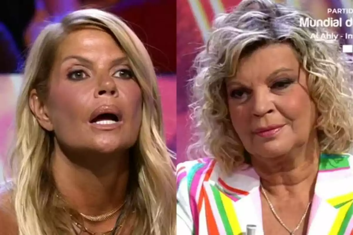 Makoke y Terelu Campos rubias sentadas en De Viernes con expresiones serias