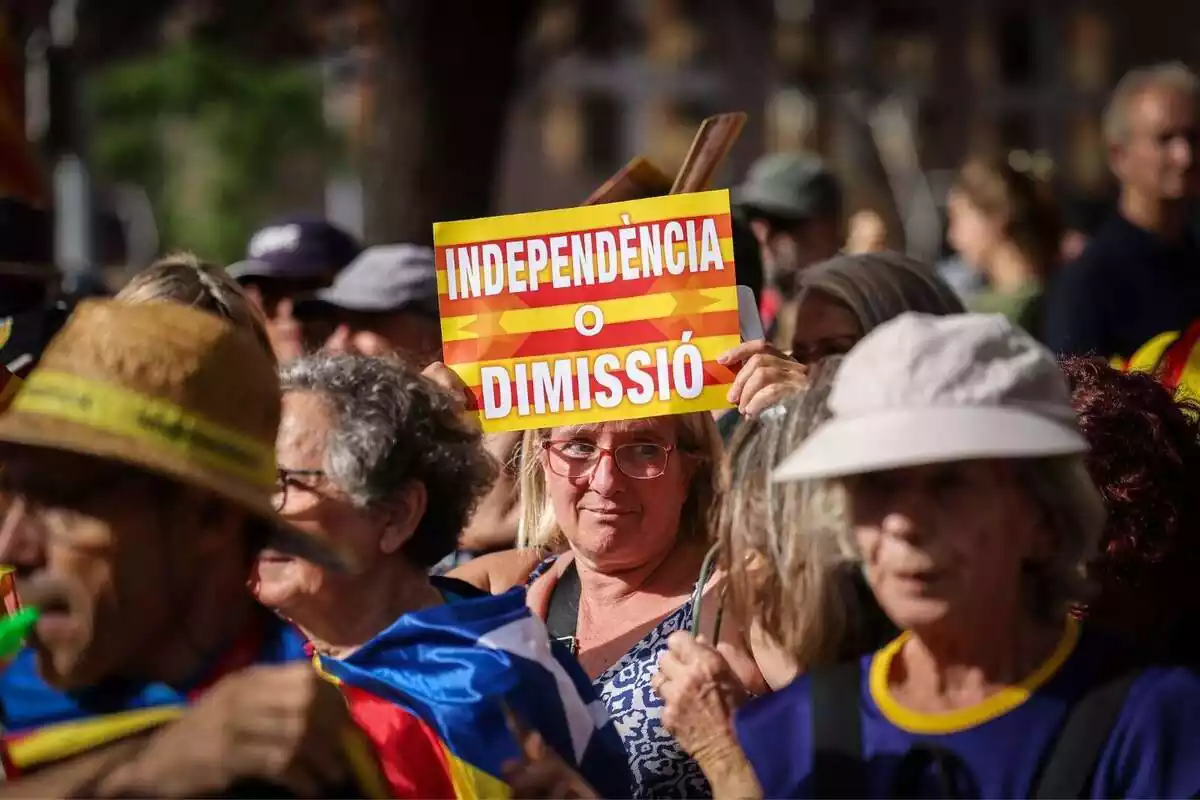 Imagen de la manifestación de la Diada del 11S con una mujer con gafas mostrando una pancarta con el lema 'independencia o dimision' y una Senyera de fondo