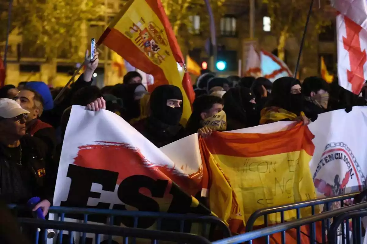 manifestantes contra la amnistia con la cara tapada sujetan pancartas con la bandera española