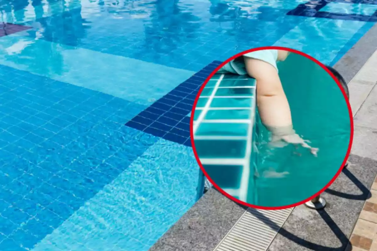 Montaje con una piscina de agua azul y un niño metiendo la mano en el agua Montaje con una piscina de agua azul y un niño metiendo la mano en el agua