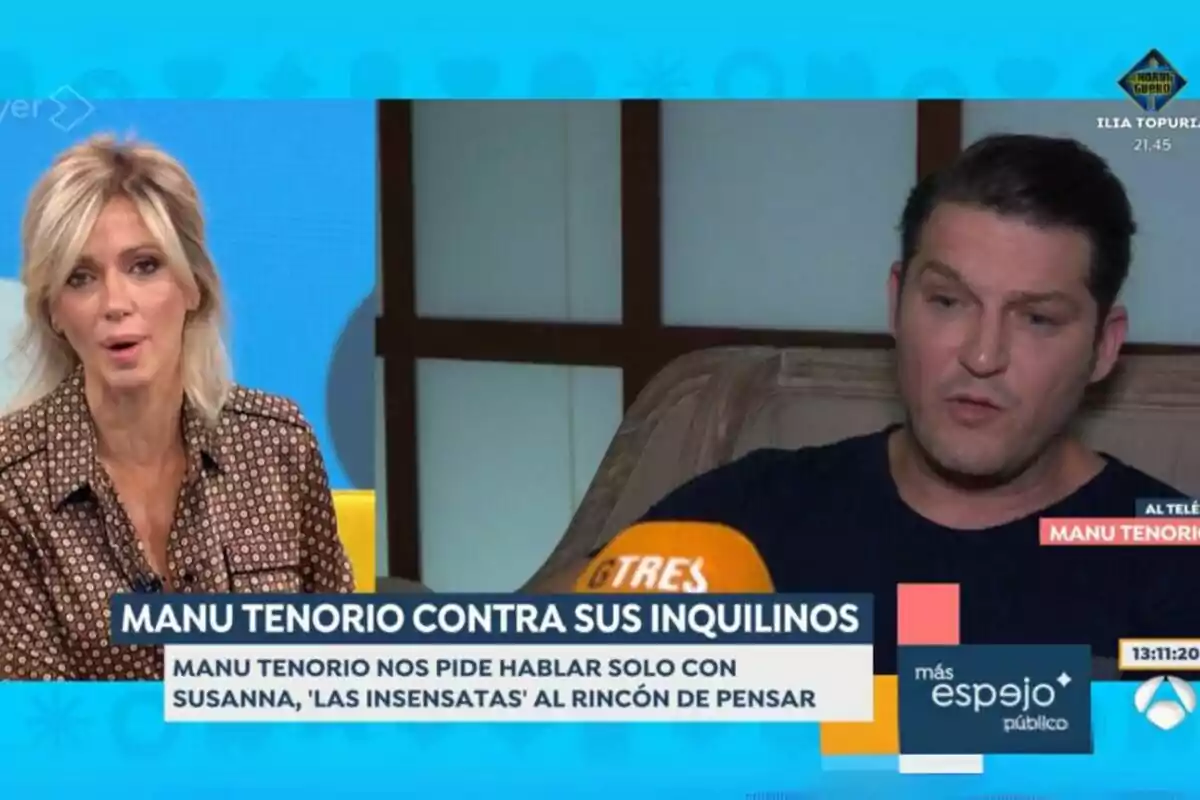 Susanna Griso y Manu Tenorio están participando en un programa de televisión llamado "más espejo público" donde se discute el tema "Manu Tenorio contra sus inquilinos".