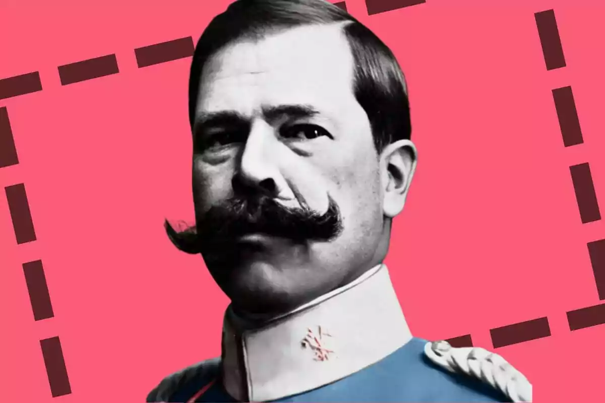 Retrato de un hombre con bigote prominente y uniforme militar sobre un fondo rosa con líneas negras.