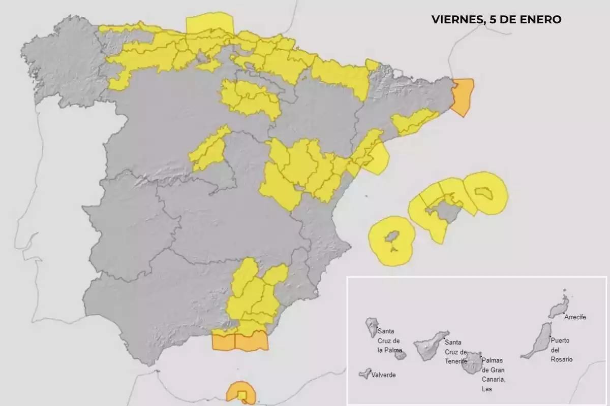 Mapa de España con los avisos meteorológicos del viernes 5 de enero Mapa de España con los avisos meteorológicos del viernes 5 de enero