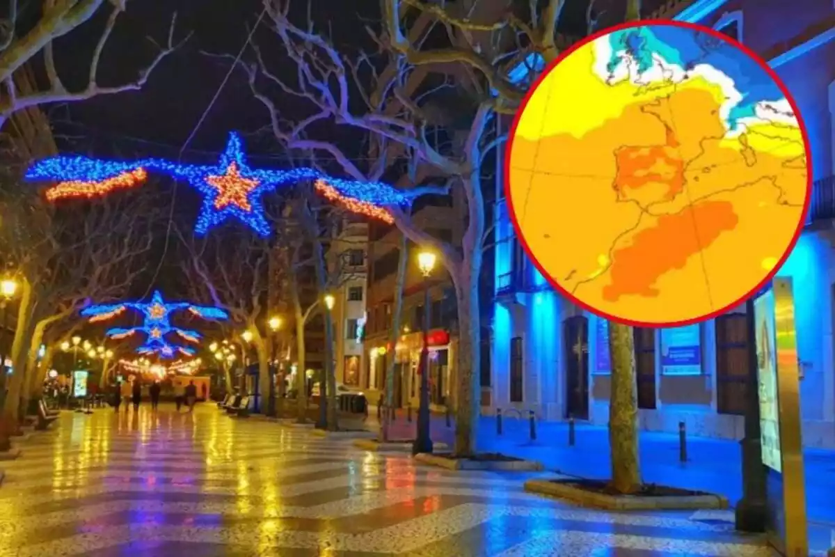 Imagen de fondo de una ciudad con luces de Navidad y otra de un mapa de la AEMET con previsión de temperaturas