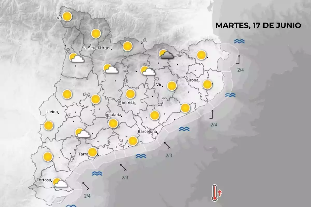 Mapa meteorológico de Cataluña para el martes 17 de junio con predominio de sol en la mayoría de las regiones, algunas nubes en el norte y suroeste, y un icono de termómetro indicando temperaturas altas. Mapa meteorológico de Cataluña para el martes 17 de junio con predominio de sol en la mayoría de las regiones, algunas nubes en el norte y suroeste, y un icono de termómetro indicando temperaturas altas.