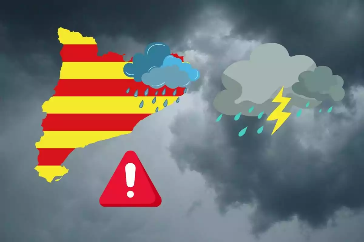 Mapa de Cataluña con símbolos de lluvia, tormenta y una señal de advertencia sobre un fondo de nubes oscuras.