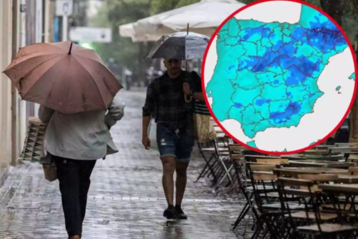 Gente paseando por la calle en un día de lluvia y un mapa de precipitaciones